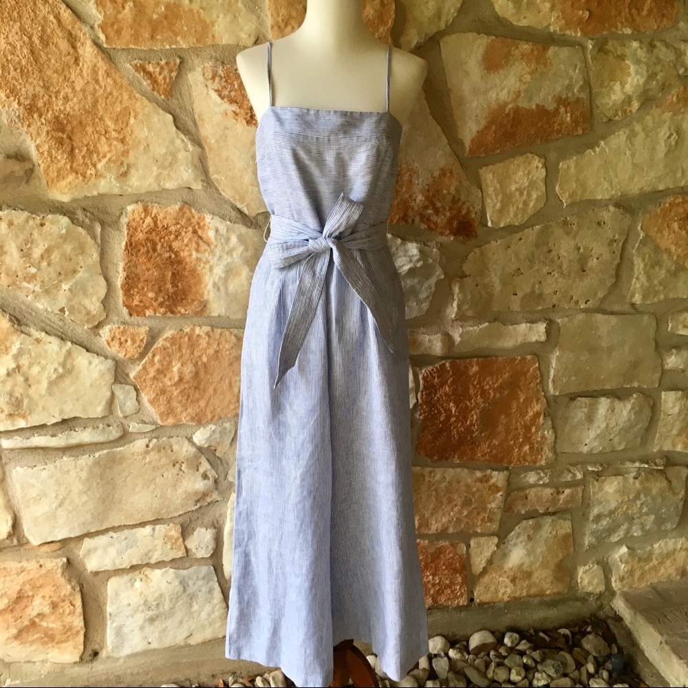 J. Crew Blue Striped Linen Tie-Waist ankle crop jumpsuit